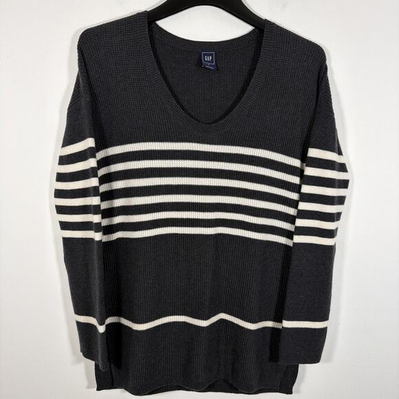 Gap Cozy Wool Blend Waffle Black White Striped V Neck Tunic Sweater Top Medium - Picture 2 of 9